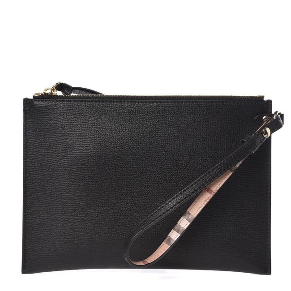NWT Burberry Haymarket Colour Check Black Leather Pouch/Large Wristlet